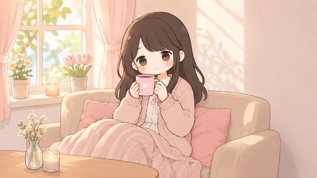 飲み物飲んで落ち着く女性