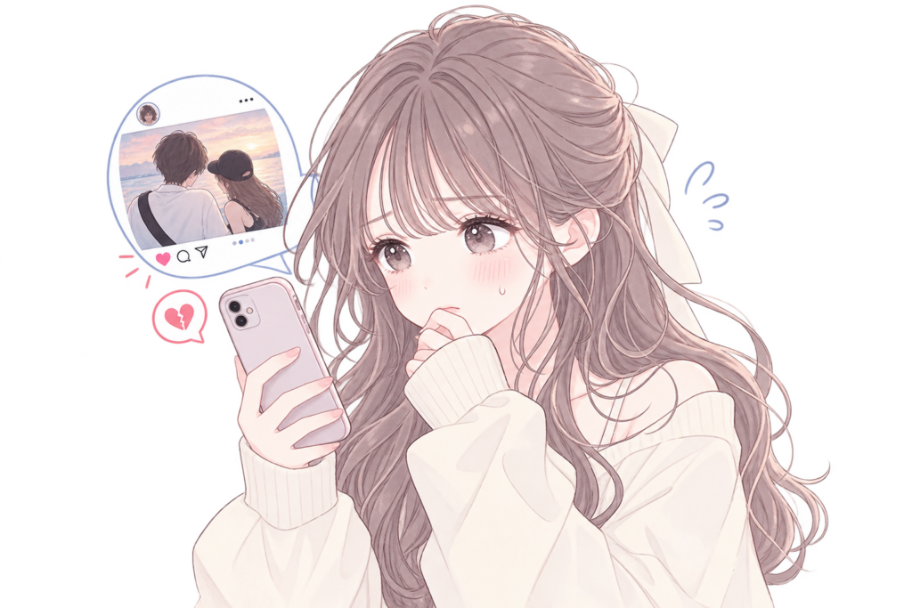 元カレのSNSに女性が写ってるのを見てショックを受ける女性